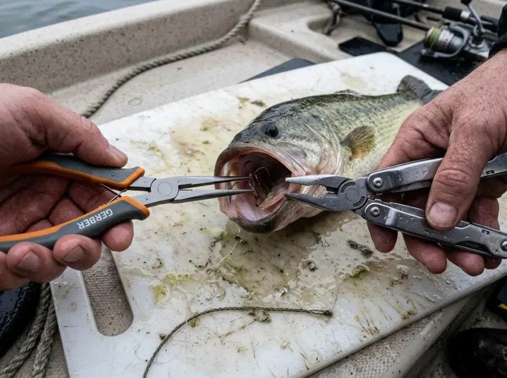 Slim purpose-built fishing plier beside a bulky general multi-tool at a hook showing jaw geometry difference