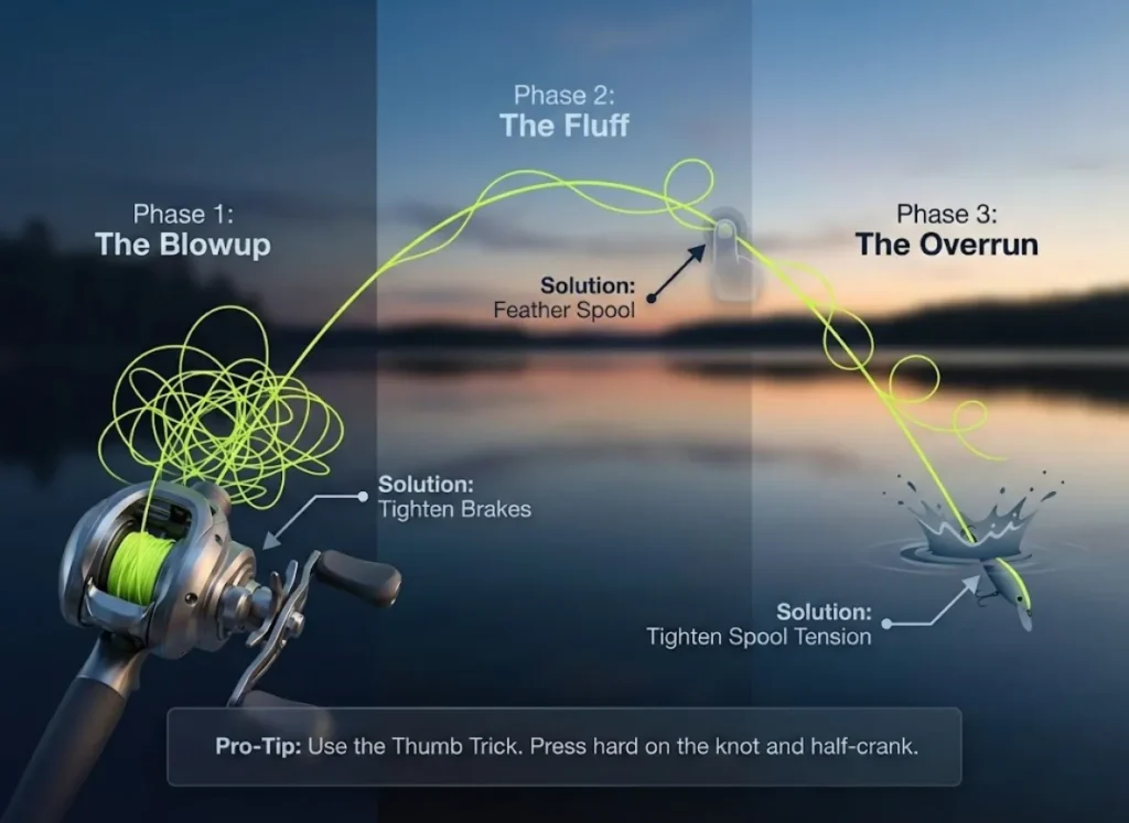 A three-stage infographic illustrating the trajectory of a fishing cast from left to right. It visualizes the three types of reel backlashes: The Blowup at the start, The Fluff in mid-air, and The Overrun upon water impact, with corresponding solutions labeled.