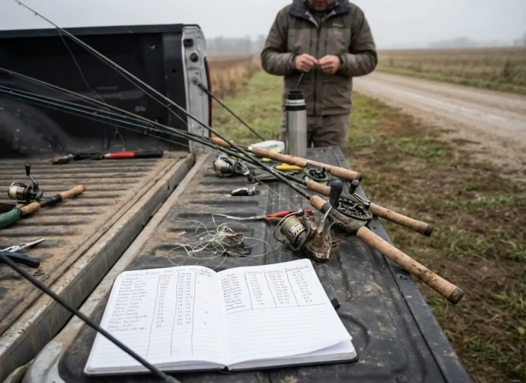 Multiple spinning reels lined up on a truck tailgate for field testing and comparison.