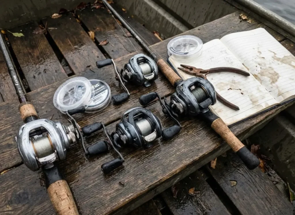 A collection of various baitcasting reels and fishing line arranged on a wooden dock for field testing.