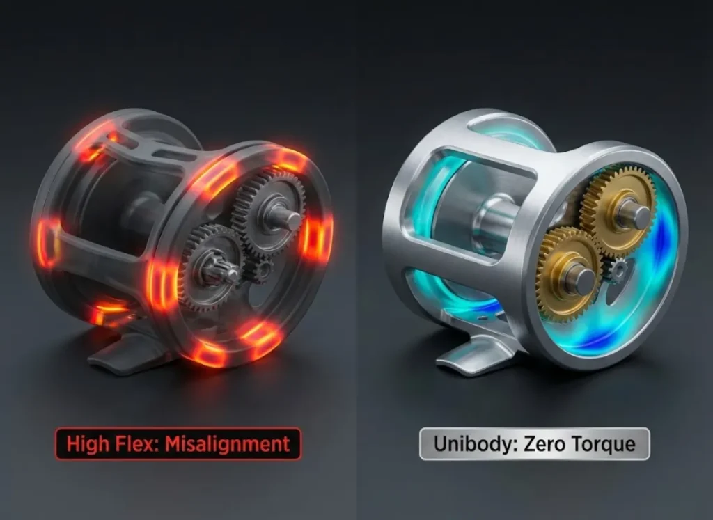A split-screen technical visualization comparing fishing reel frames. Left: A 3-piece frame showing red heat-map indicators of stress and flex with misaligned gears. Right: A unibody aluminum frame showing cool blue indicators of rigidity and perfect gear alignment.