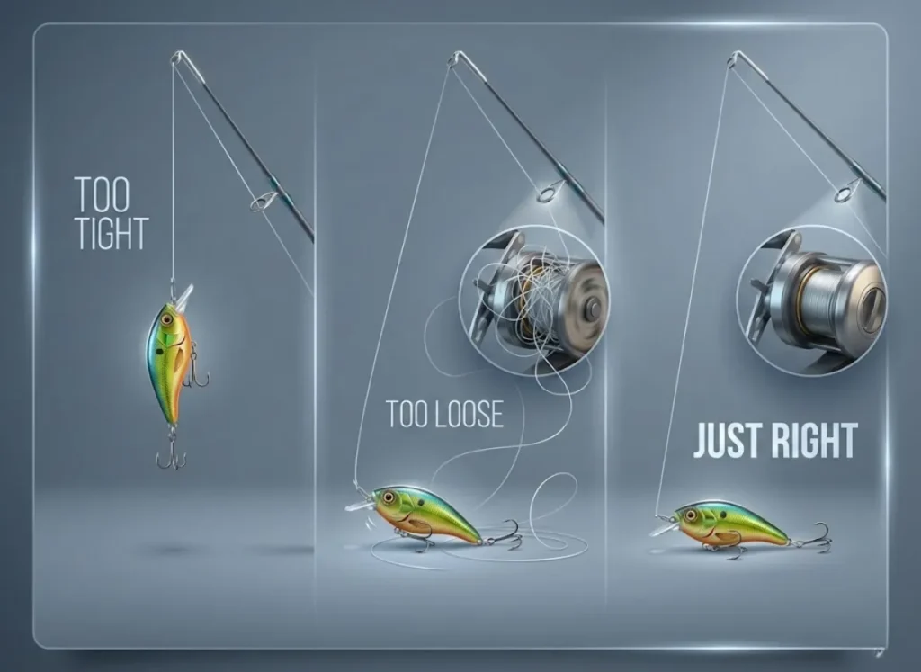 A high-definition three-panel infographic illustrating the "Drop Test" for tuning a fishing reel spool tension knob. The left panel shows a lure stuck in mid-air (Too Tight), the center panel shows a tangled line overrun on the floor (Too Loose), and the right panel shows the lure resting perfectly with a taut line (Just Right).