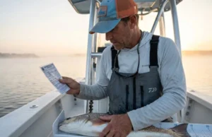Simplified State Fishing Regulations: Costs & Cheat Sheets An angler on a boat checking a laminated fishing regulation card while holding a red drum fish.