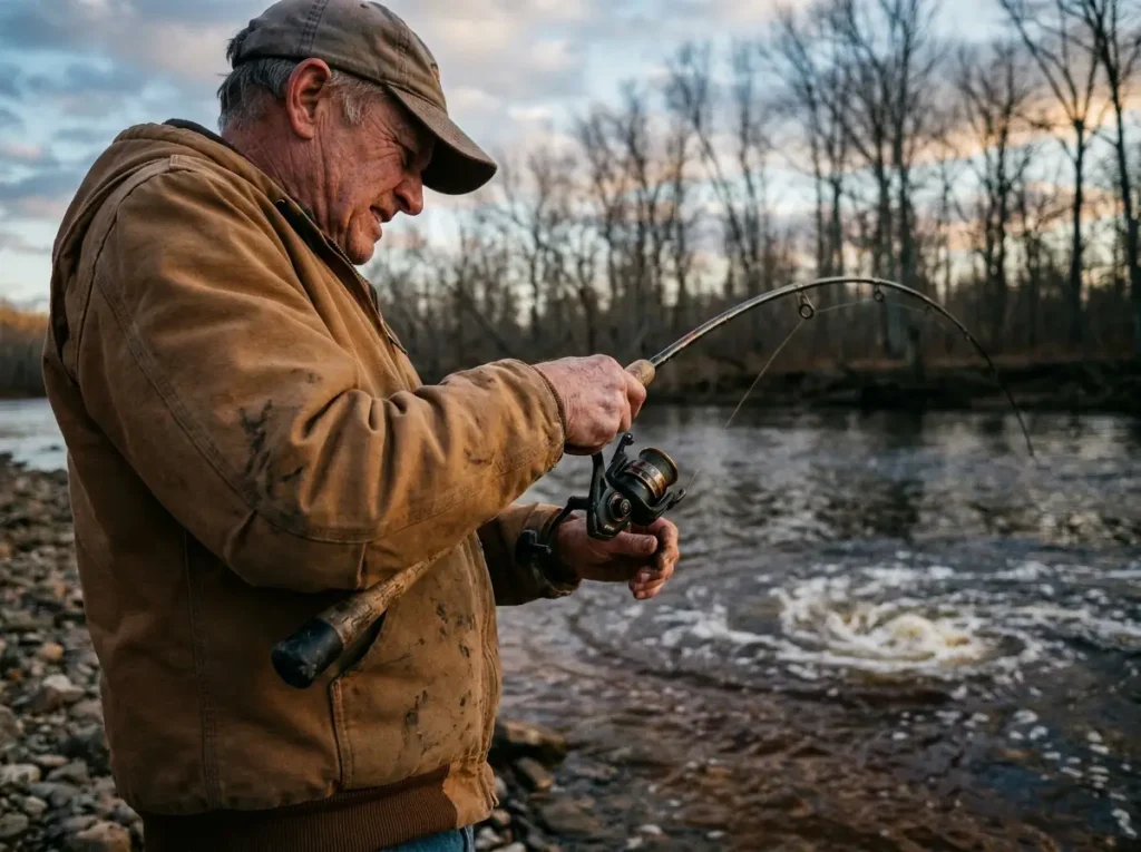 Angler bracing the fishing rod butt against the hip while fighting a fish