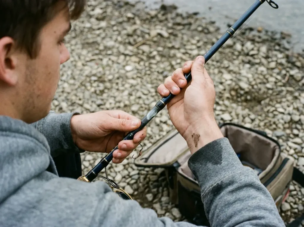 Hand tightening the locking nut on a fishing rod reel seat holding the reel
