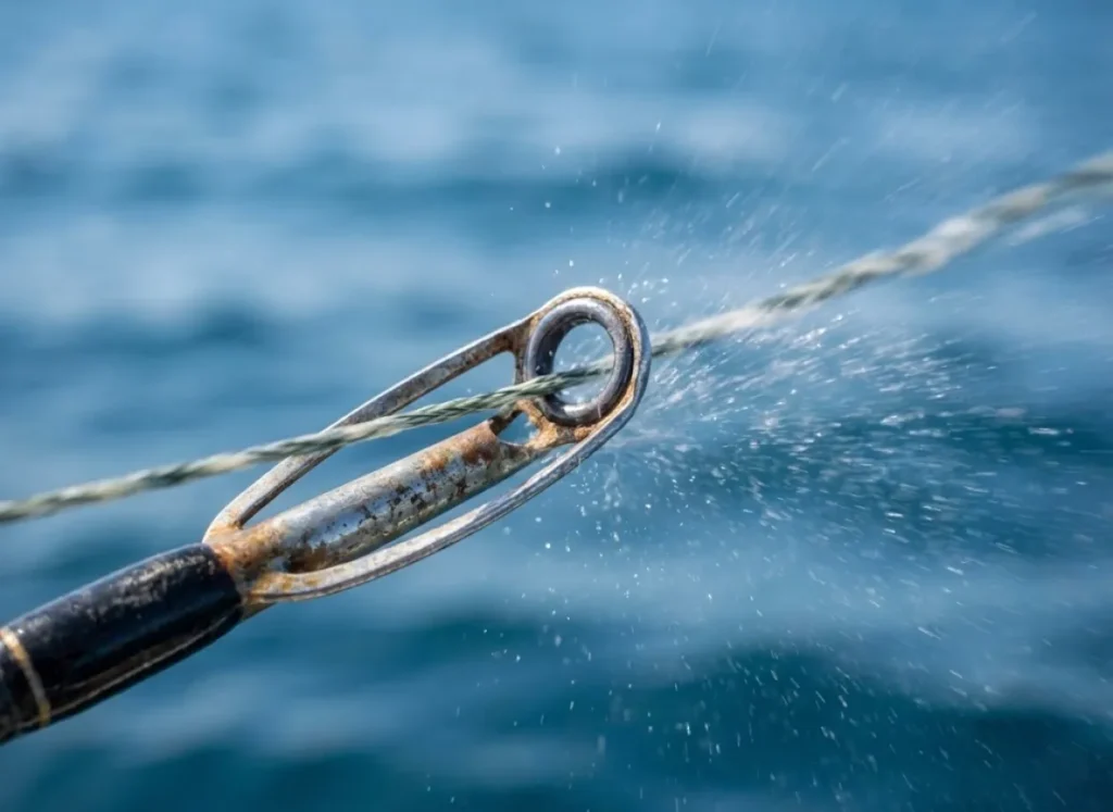 Close-up of fishing line passing rapidly through the ceramic guide ring of a fishing rod, spraying a fine mist of water.