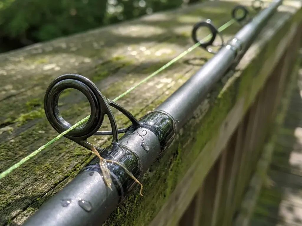 Macro of fishing rod line guides and thread windings with braided line threaded