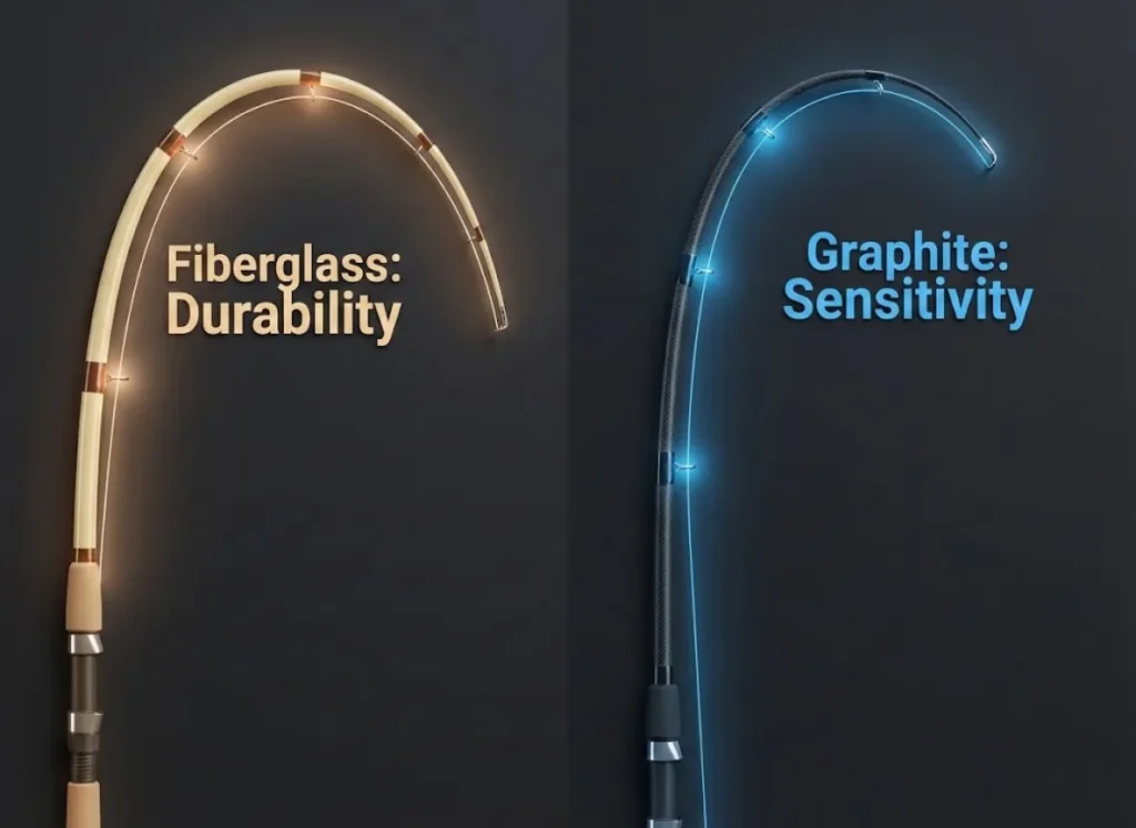 A split-screen 3D infographic comparing the flex patterns of fishing rods: a fiberglass rod showing a deep parabolic bend labeled Durability, and a graphite rod showing a sharp tip flex labeled Sensitivity.