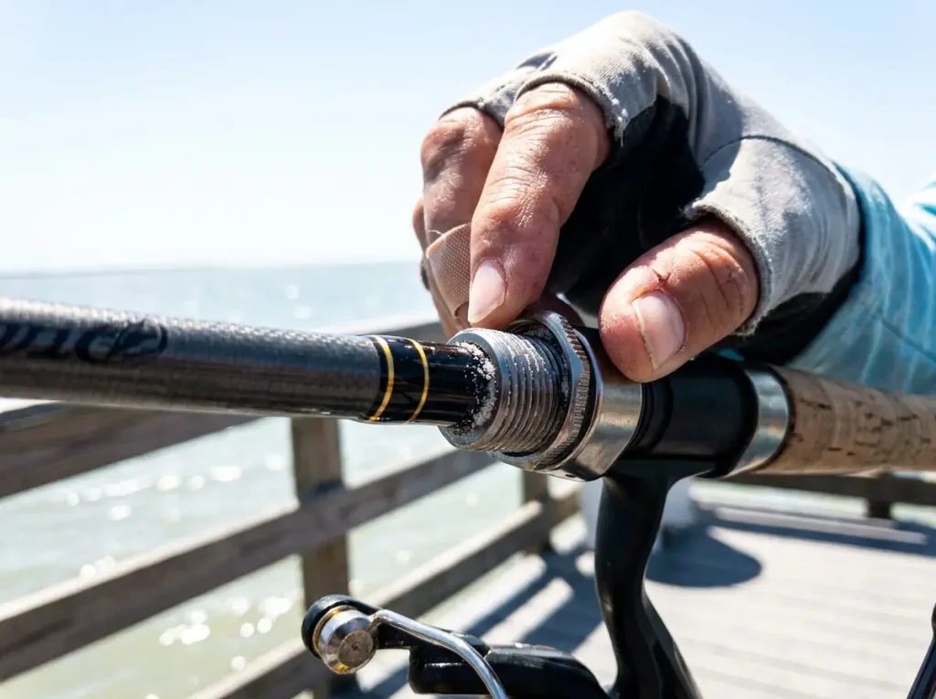 Hand tightening the locking nut on a fishing rod reel seat holding the reel