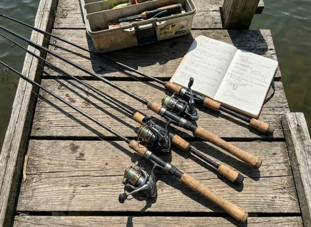 Various spinning rods laid out on a wooden dock for field testing next to a notebook.