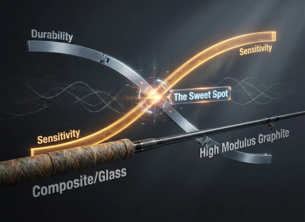 A stunning 3D data visualization showing the inverse relationship between fishing rod sensitivity and durability. A glowing graph overlays a fishing rod blank that morphs from fiberglass to graphite, with lines intersecting at a 'Sweet Spot'.