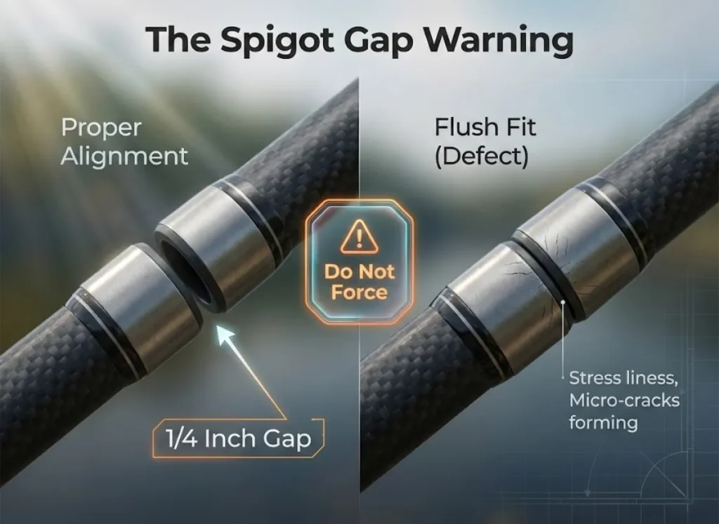 A split-view technical illustration comparing a properly fitted fishing rod spigot ferrule with a visible gap versus an improperly forced flush fit. The image features high-fidelity carbon fiber textures and integrated warning text "Do Not Force."