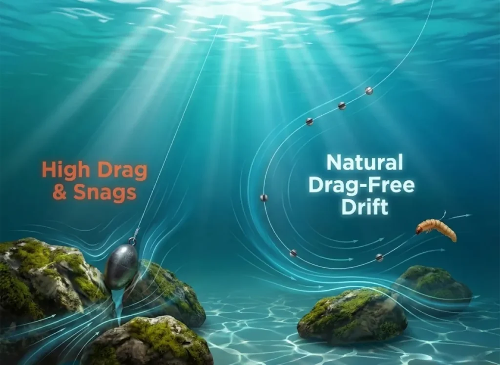 An underwater cross-section infographic illustrating the "Shirt Button" fishing rig technique. The image compares a snagged line with a single weight against a smooth, curved line with spaced weights drifting naturally over river rocks.
