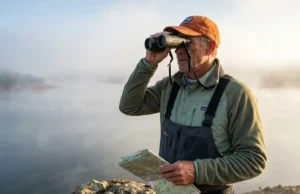 How to Choose a Fishing Spot: The 3-Phase Protocol An angler stands on a high rock overlooking a foggy lake at sunrise, scanning the water with binoculars and holding a map.