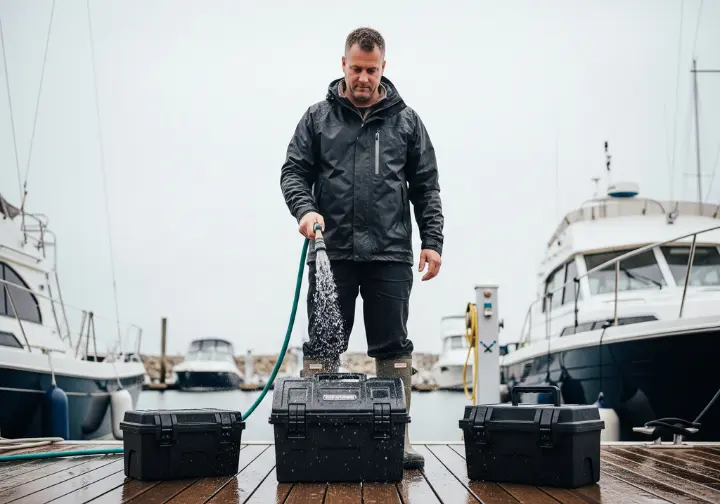 A full-body image of a person in a rain jacket testing the waterproof seal of a fishing tackle box with a hose on a boat dock.