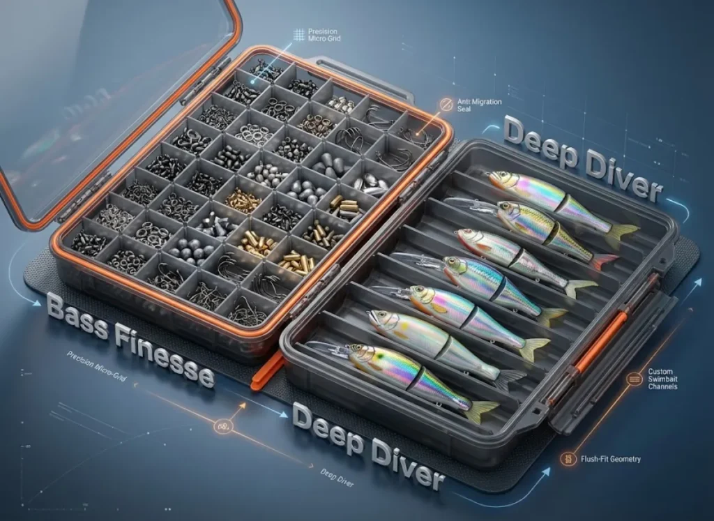 A split-view isometric diagram of two premium fishing tackle boxes; one side shows a tight grid layout labeled Bass Finesse with small terminal tackle, while the other shows long channels labeled Deep Diver containing large swimbaits, demonstrating optimal organization.