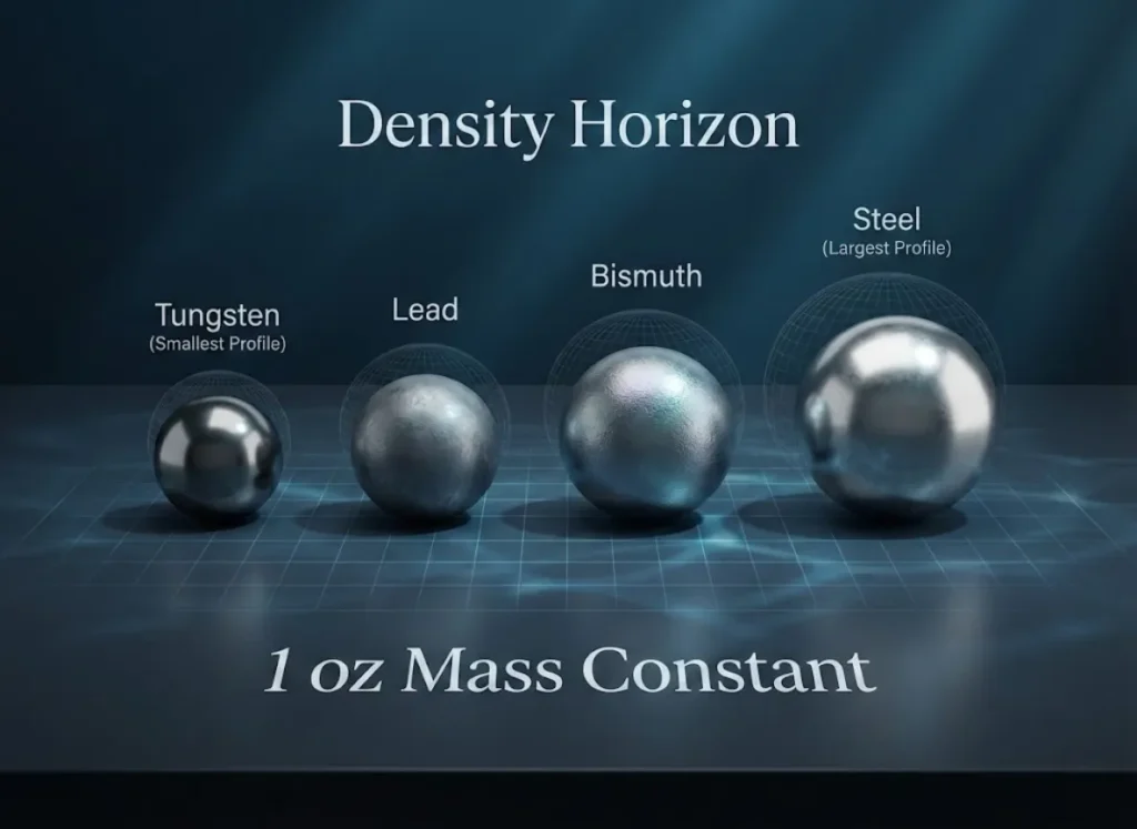 A photorealistic 3D comparison of four 1oz fishing weights made of Tungsten, Lead, Bismuth, and Steel, arranged from smallest to largest to demonstrate density differences.