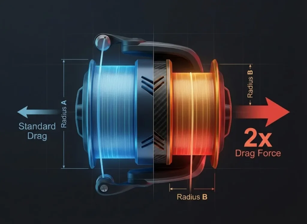 A split-view technical illustration of a fishing reel spool. The left side shows a full spool with a large radius labeled "Radius A" and a standard force arrow. The right side shows a half-empty spool with a smaller radius labeled "Radius B," accompanied by a larger, more intense red arrow labeled "2x Drag Force," visually demonstrating the physics of increased drag pressure.