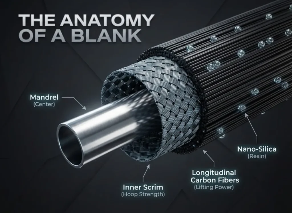 A hyper-realistic 3D cross-section diagram of a fishing rod blank, revealing layers of graphite and resin with technical labels for the mandrel, scrim, and carbon fibers.