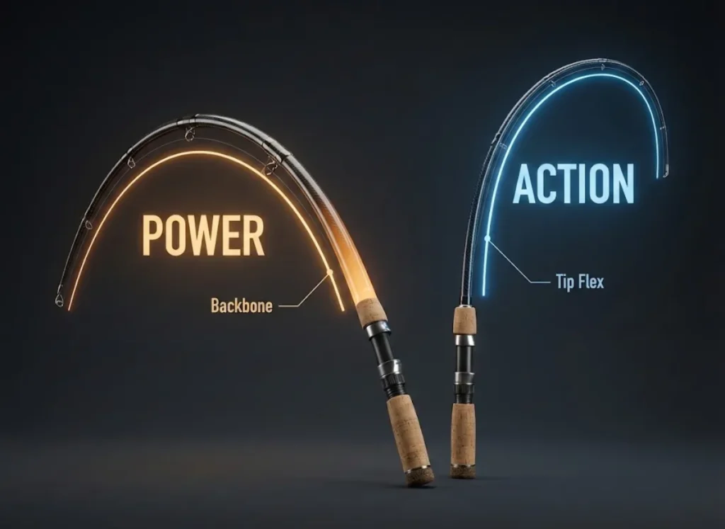 A split-screen 3D editorial diagram comparing fishing rod mechanics. The left side illustrates "Power" showing the rod's backbone resistance, while the right side illustrates "Action" showing the specific flex point at the tip.