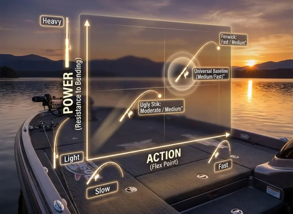 A sophisticated 2D scatter plot matrix visually comparing fishing rod Power (Y-axis, Light to Heavy) against Action (X-axis, Slow to Fast). The chart plots specific examples like 'Ugly Stik' at Moderate/Medium and 'Fenwick' at Fast/Medium, highlighting the 'Universal Baseline'. The entire visualization is rendered in a premium vector-realism style against a sunlit lake background.