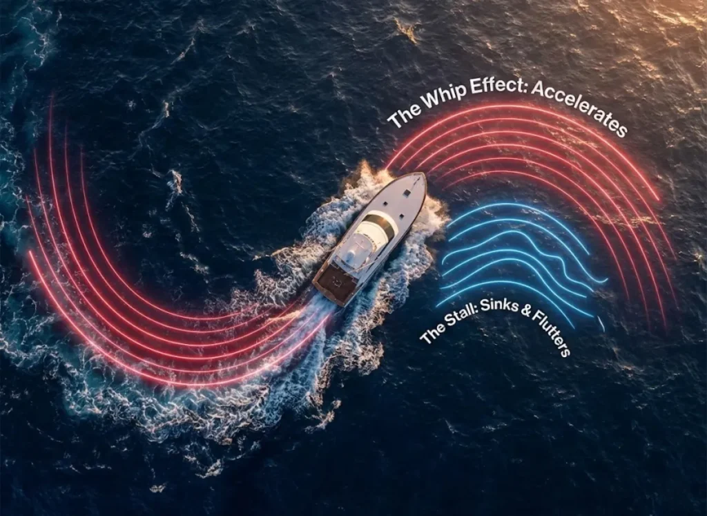 A top-down editorial illustration of a fishing boat making an S-turn, visualizing the geometry of trolling. Red lines indicate the accelerated path of outside lures, while blue lines show the slowed path of inside lures, labeled with text on the water surface.