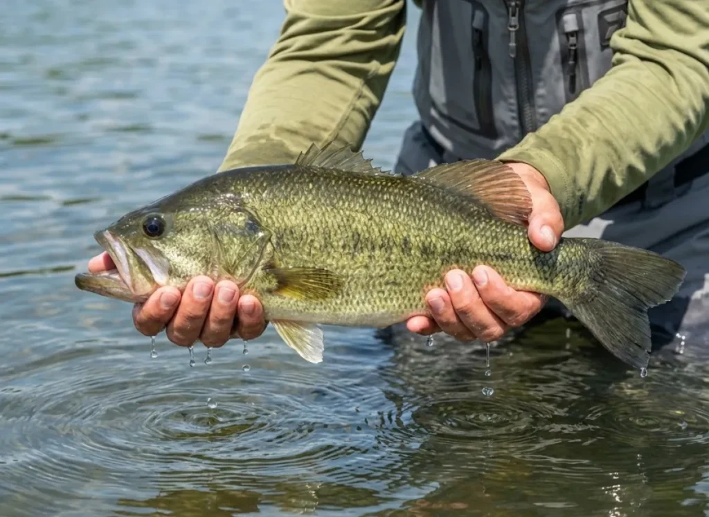 An angler's hands gently releasing a trophy largemouth bass back into the water.