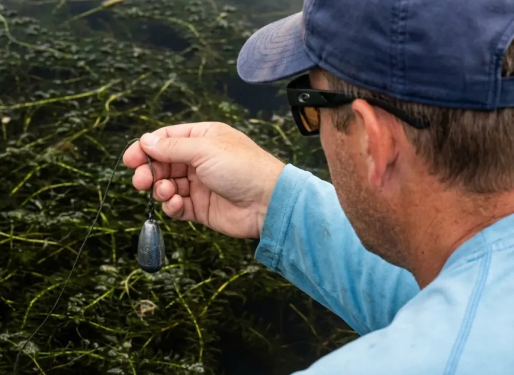 Close up of an angler holding a heavy punching rig looking at dense aquatic grass.