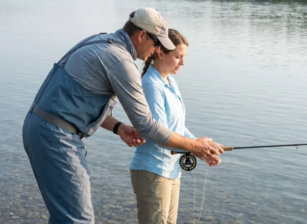 A fishing guide assisting a beginner angler with their rod grip on a calm, flat river.
