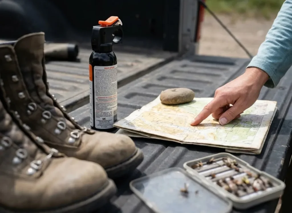 Fishing gear including bear spray, studded boots, and a map laid out on a truck tailgate.