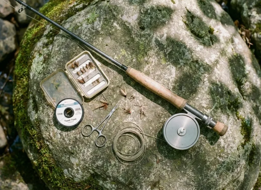A fly rod, reel, tippet spool, and fly box arranged on a mossy rock.