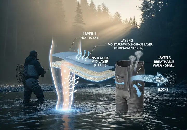 An infographic illustrating the three-layer system for breathable waders, showing a fly fisherman in a misty river with a detailed cross-section of the layers: base, mid, and shell.