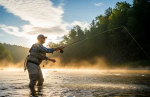 Best Fly Fishing Waders: A Strategic Selection Guide A full-body shot of a man in fly fishing waders standing in a river and casting a fly rod during a misty sunrise.