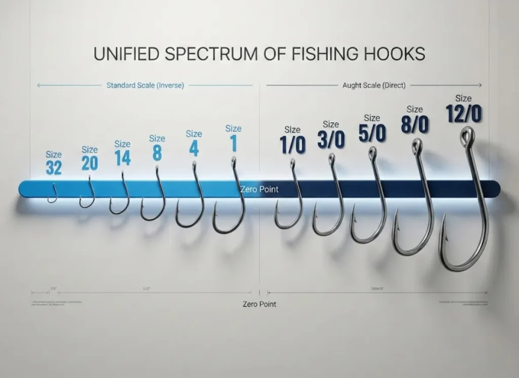 A high-definition, 3D infographic illustrating the freshwater fishing hook scale. It features a spectrum bar transitioning from blue to navy, displaying realistic fishing hooks arranged by size, demonstrating the inverse relationship where larger numbers equal smaller hooks.