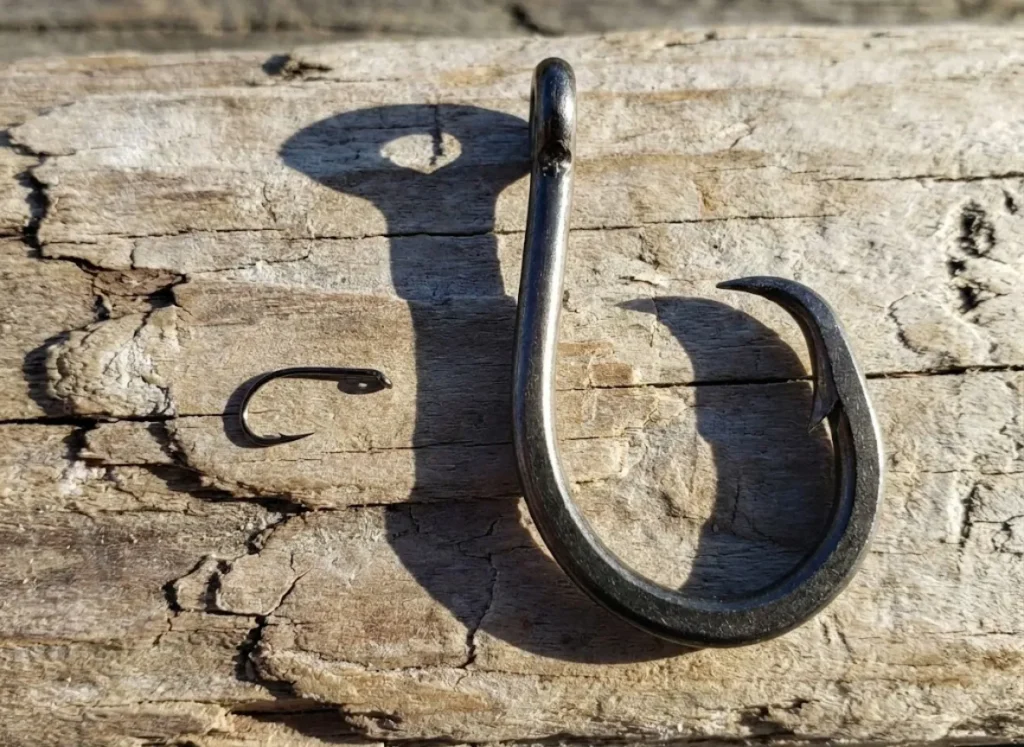 A tiny freshwater hook placed next to a massive saltwater hook on a piece of driftwood to show size scale.