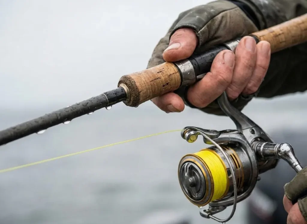 Close-up of an angler's hand holding a spinning rod with high-vis braided line.