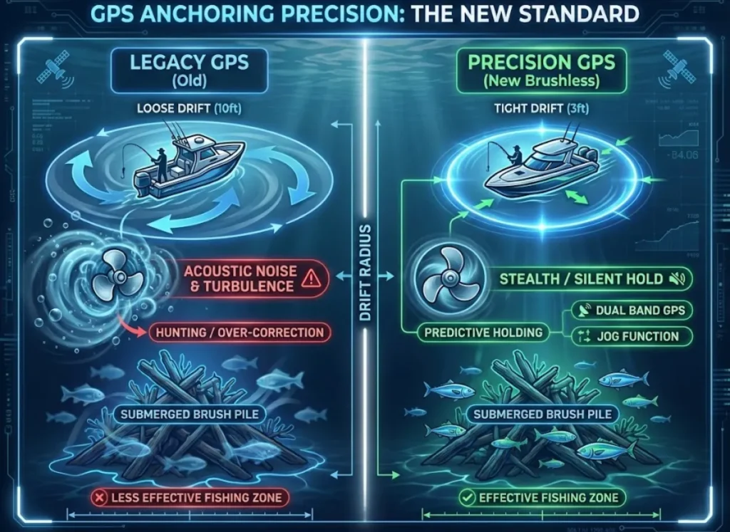A split-screen diagram comparing two boat icons over a submerged brush pile, illustrating GPS anchoring precision. On the left, labeled "LEGACY GPS (Old)," a boat in a "LOOSE DRIFT (10ft)" circle creates large blue sound waves and turbulence over a scattered fishing zone. On the right, labeled "PRECISION GPS (New Brushless)," a boat in a "TIGHT DRIFT (3ft)" circle shows minimal blue ripples and a concentrated, effective fishing zone. Text labels highlight "DRIFT RADIUS," "Predictive Holding," "Dual Band GPS," and "Jog Function."