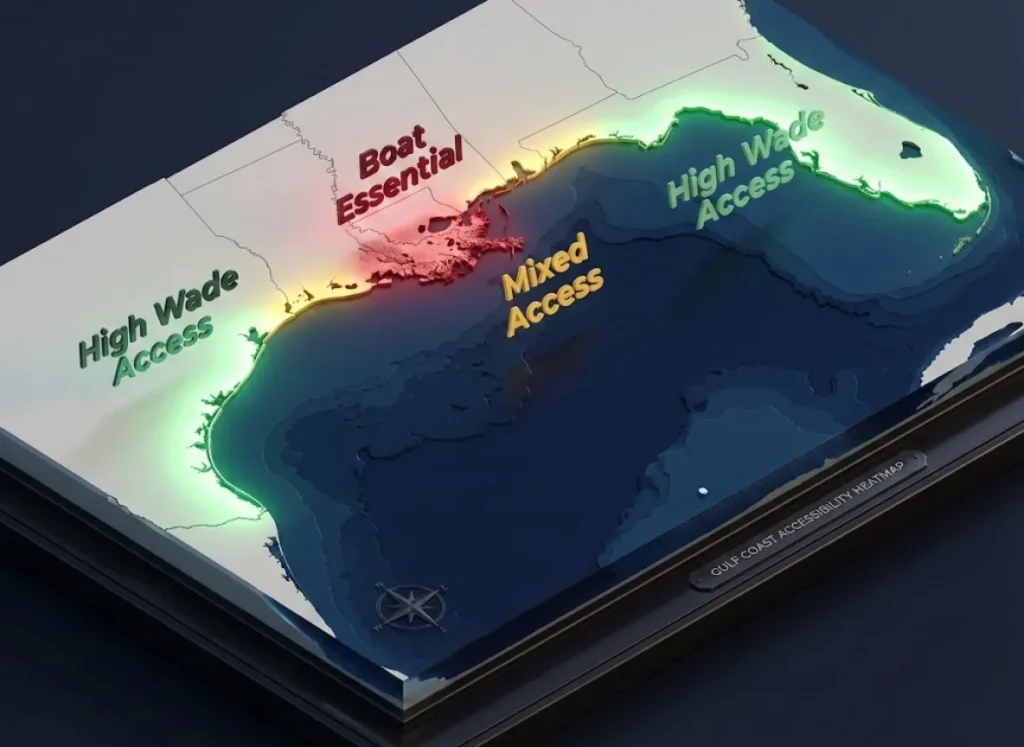 A sophisticated 3D isometric map of the US Gulf Coast visualizing fishing accessibility. Texas and Florida are highlighted in glowing green for wade fishing, while the Louisiana Delta is highlighted in red for boat access, set against a dark blue ocean.