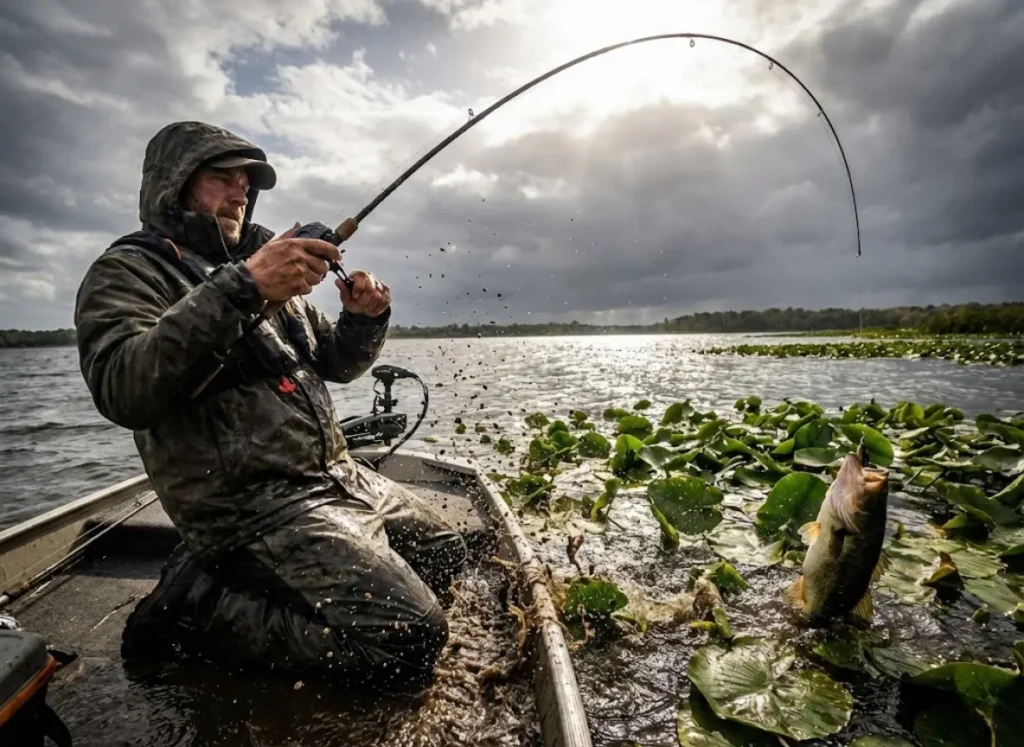 An angler leaning back with a bent rod, pulling a largemouth bass out of heavy lily pad cover.