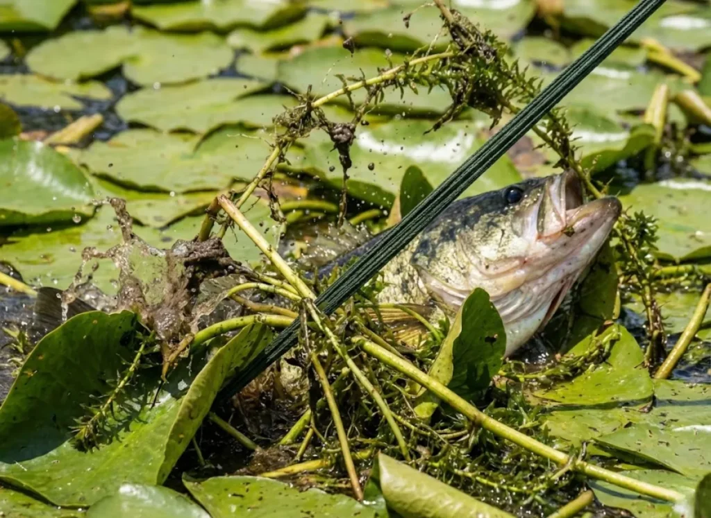 Largemouth bass bursting through heavy vegetation with braided fishing line cutting through the weeds.