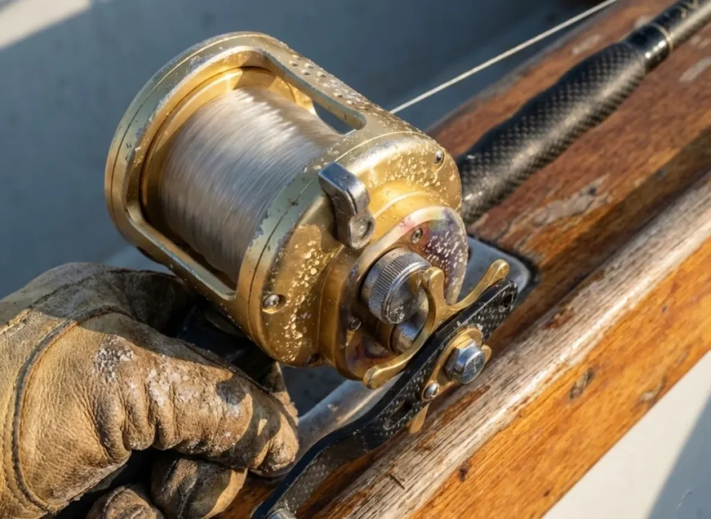 Close up of a large saltwater fishing reel releasing line under heavy drag pressure while resting on the boat rail.