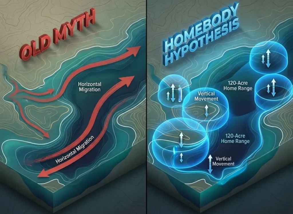 A split-screen high-fidelity topographic map illustrating Largemouth Bass behavior. The left side, labeled "Old Myth," shows long red arrows indicating horizontal migration. The right side, labeled "New Science," shows contained blue zones indicating vertical movement and site fidelity, rendered in a premium vector-realism style.