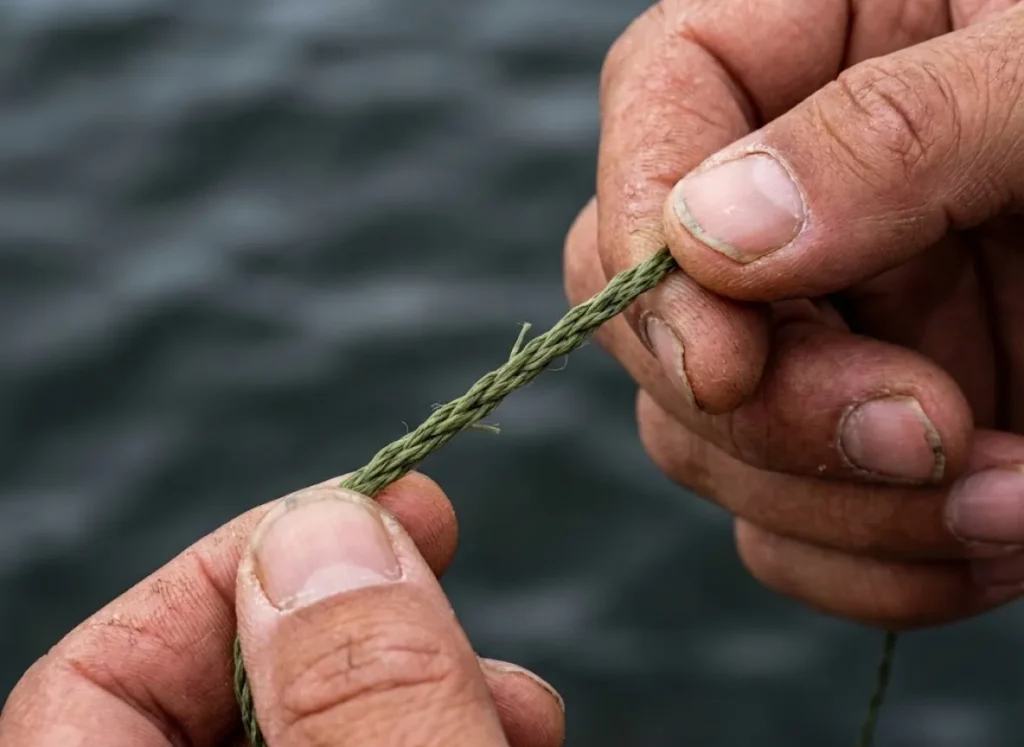 Close-up macro shot of braided fishing line texture held between fingers.