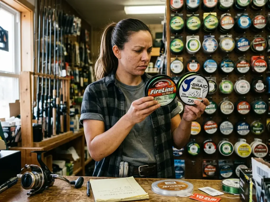 Angler comparing two spools of braided fishing line at a tackle shop counter under warm light