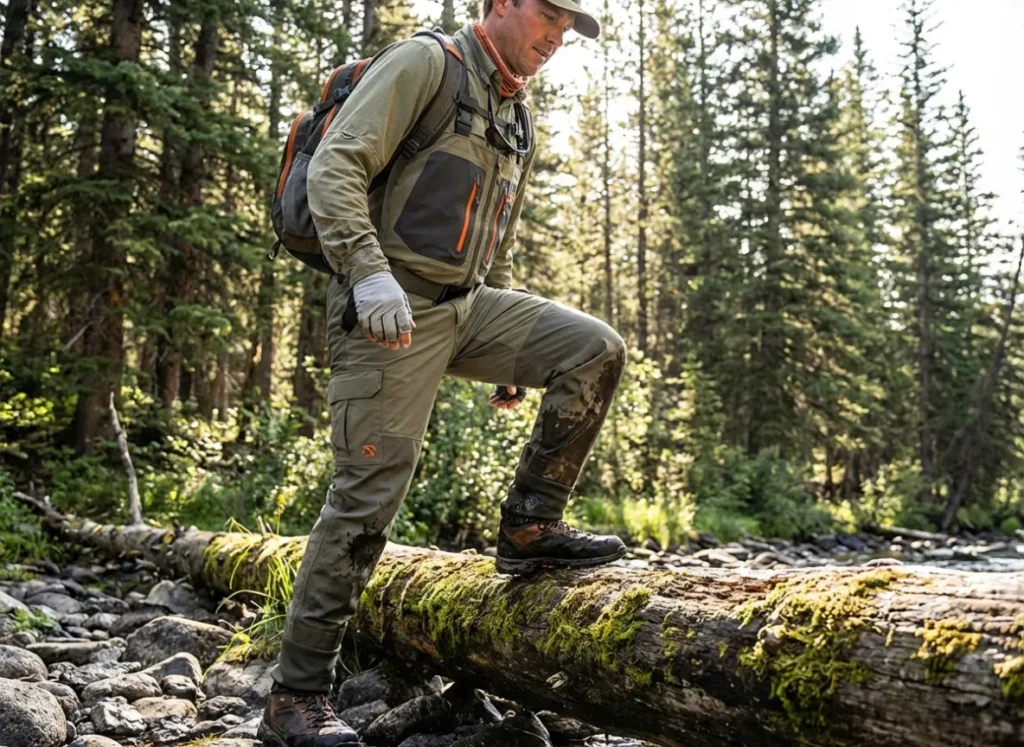 A fly fisherman high-stepping over a log on a river bank, demonstrating the fit and flexibility of breathable waders.