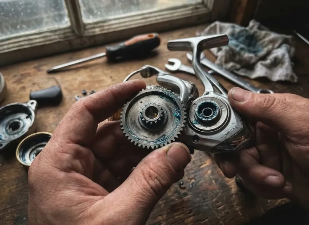 Close-up of a disassembled saltwater spinning reel on a workbench showing the internal drive gear and mechanical components.