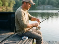 Put Line on Any Reel in 6 Steps Without Twist Angler putting fresh line on a spinning reel from a flat filler spool at a lakeside tailgate