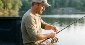 Put Line on Any Reel in 6 Steps Without Twist Angler putting fresh line on a spinning reel from a flat filler spool at a lakeside tailgate