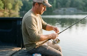 Put Line on Any Reel in 6 Steps Without Twist Angler putting fresh line on a spinning reel from a flat filler spool at a lakeside tailgate