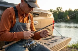 How to Put Line on a Fishing Reel: The Zero-Twist Guide Close-up of an angler's hands threading fishing line through rod guides while sitting on a truck tailgate.